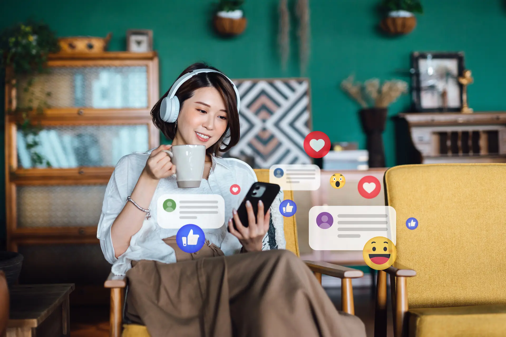 Young Asian woman with headphones relaxing at home and using smartphone, checking social media on mobile phone, receives notification, likes, views and comments.